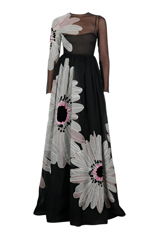 Valentino Sheer Floral Appliqué Gown — Black & Petal Pink