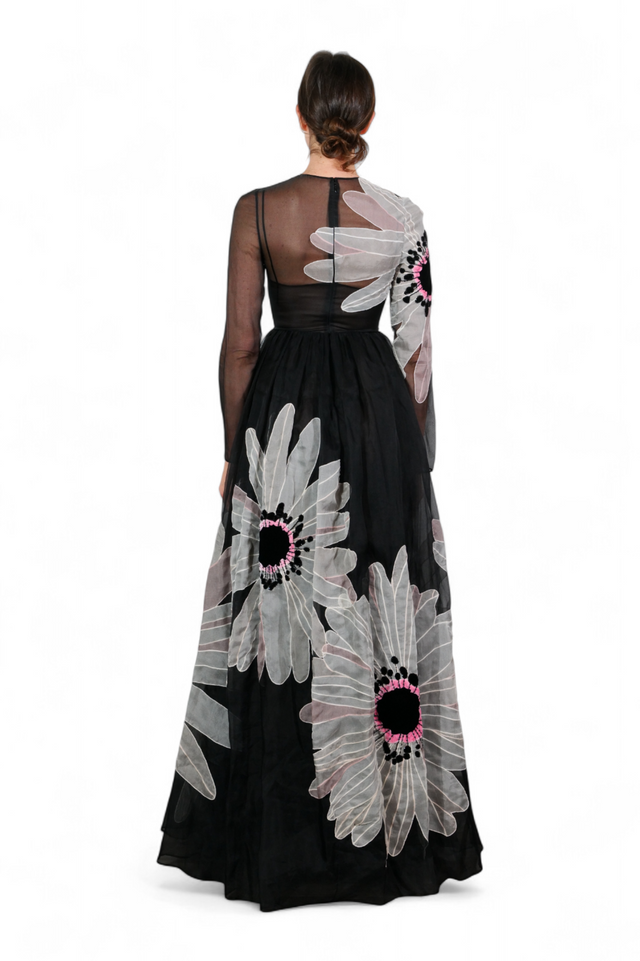 Valentino Sheer Floral Appliqué Gown — Black & Petal Pink