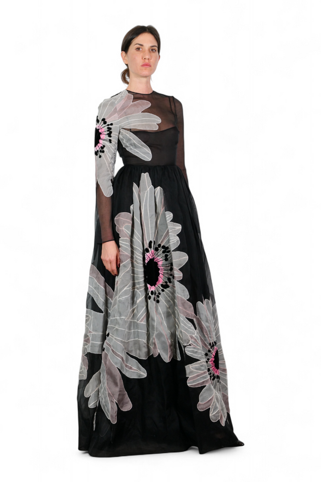 Valentino Sheer Floral Appliqué Gown — Black & Petal Pink