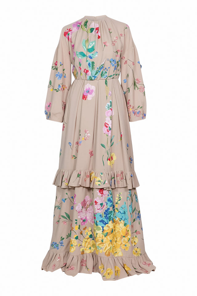 Valentino Beige Floral Embroidered Gown with Ruffle Hem