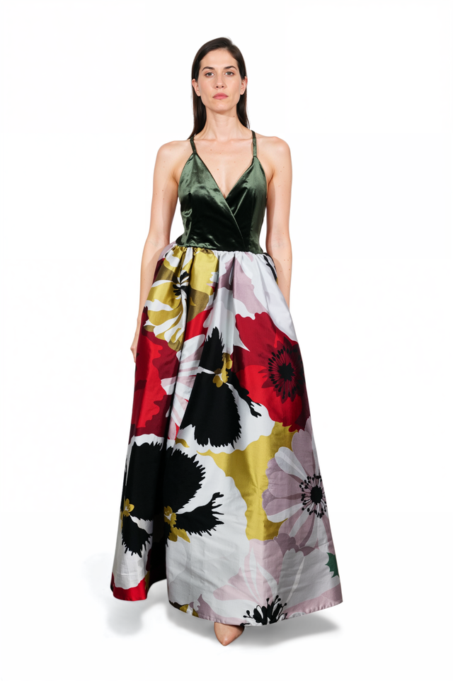 Valentino Velvet & Floral Ball Gown with Open Back
