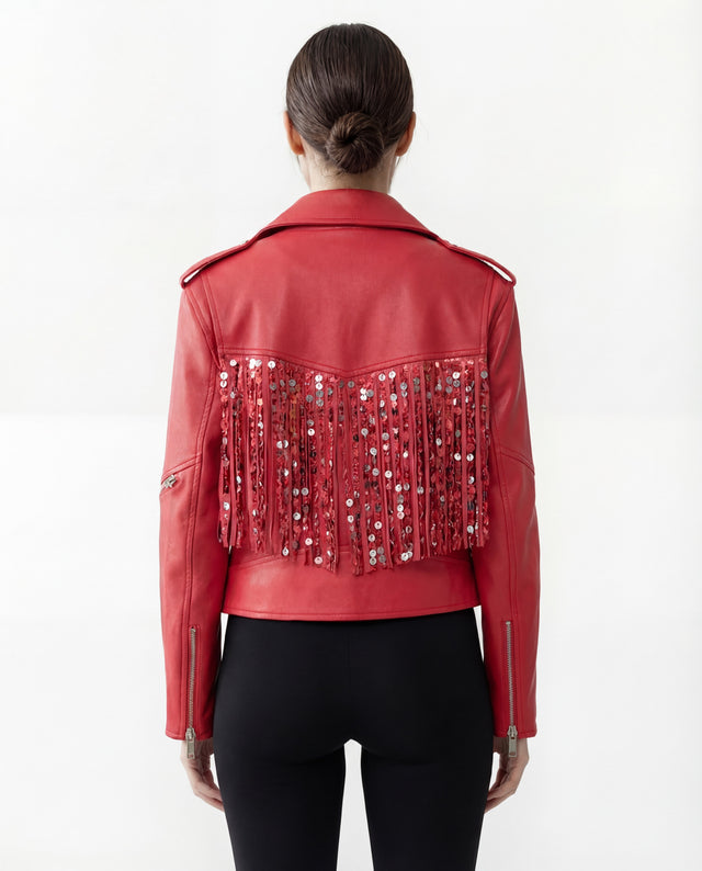Valentino Red Leather Fringe Studded Moto Jacket