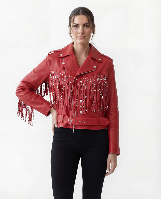 Valentino Red Leather Fringe Studded Moto Jacket