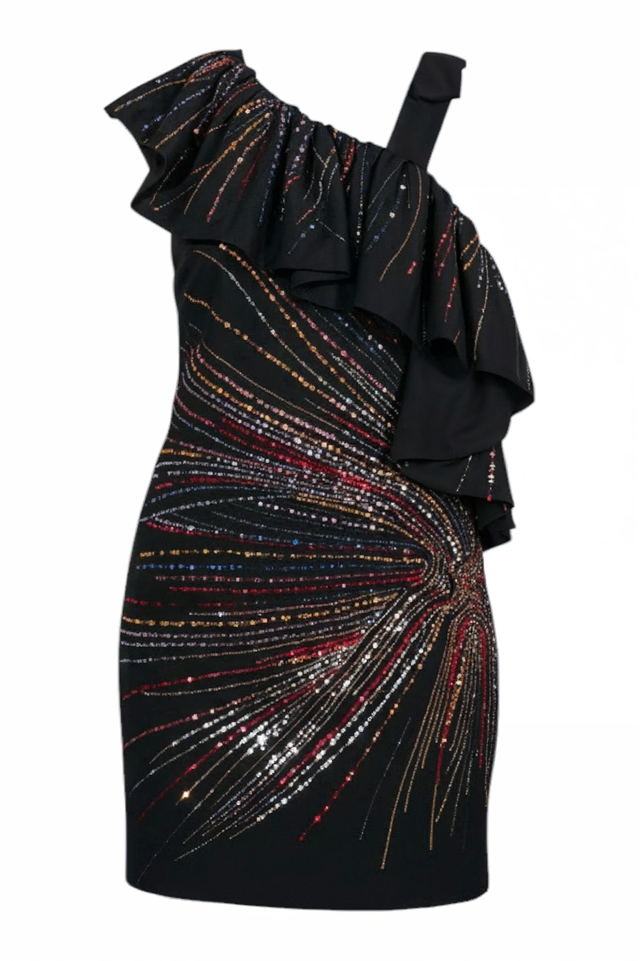 Valentino One-Shoulder Ruffle Mini Dress with Multicolor Crystal Embellishment