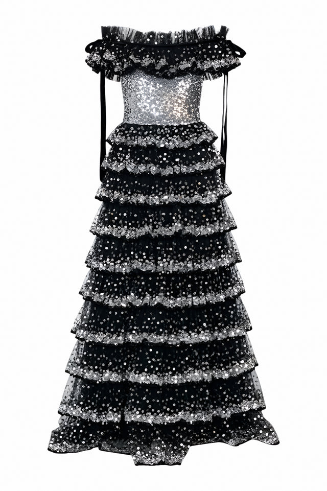 Valentino Off-Shoulder Black and Silver Sequined Gown