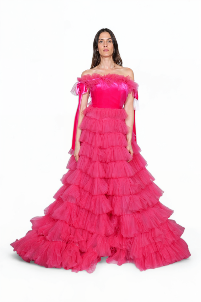 Valentino Off-Shoulder Tiered Tulle Ball Gown in Fuchsia