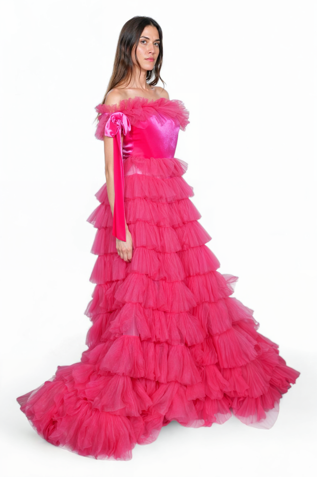 Valentino Off-Shoulder Tiered Tulle Ball Gown in Fuchsia