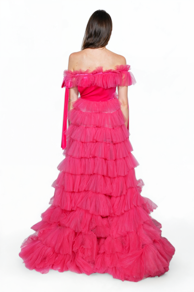 Valentino Off-Shoulder Tiered Tulle Ball Gown in Fuchsia