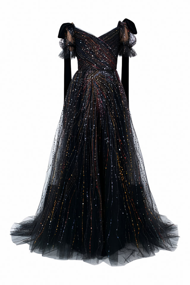 Valentino Beaded Tulle Evening Gown in Black