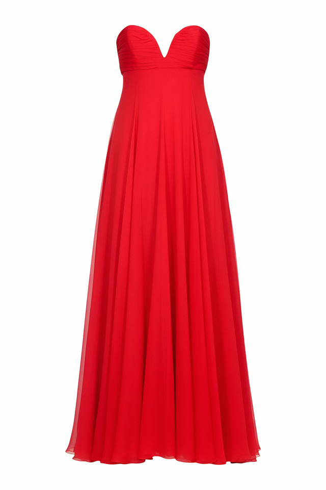 Valentino Strapless Red Chiffon Gown with Flowing Train