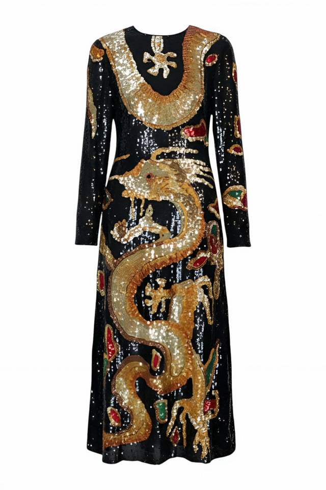 Valentino Black Sequin Dragon-Embroidered Long-Sleeve Dress