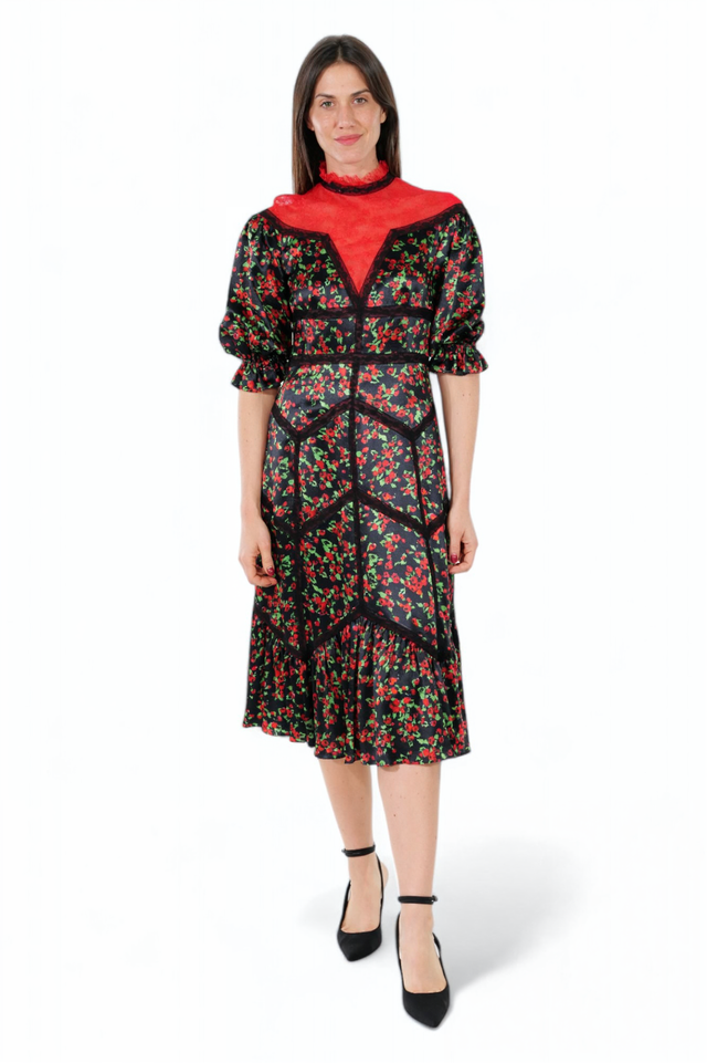 Valentino Floral Print Midi Dress with Lace Yoke and Puff Sleeves