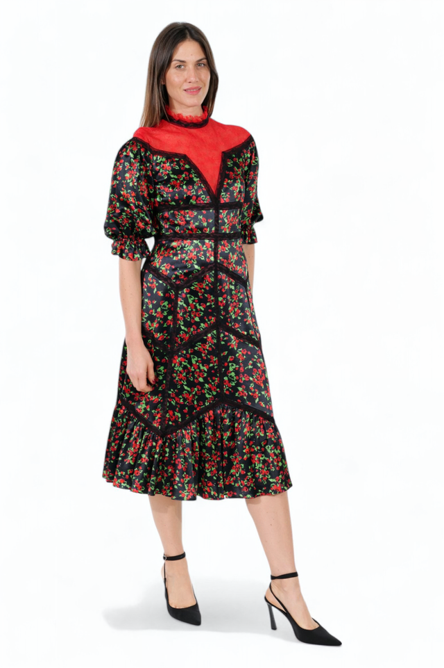 Valentino Floral Print Midi Dress with Lace Yoke and Puff Sleeves