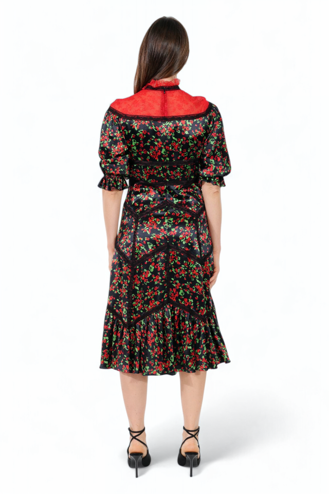 Valentino Floral Print Midi Dress with Lace Yoke and Puff Sleeves