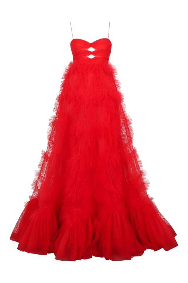 Valentino Strapless Red Tulle Gown — Cutout Bodice & Layered Skirt