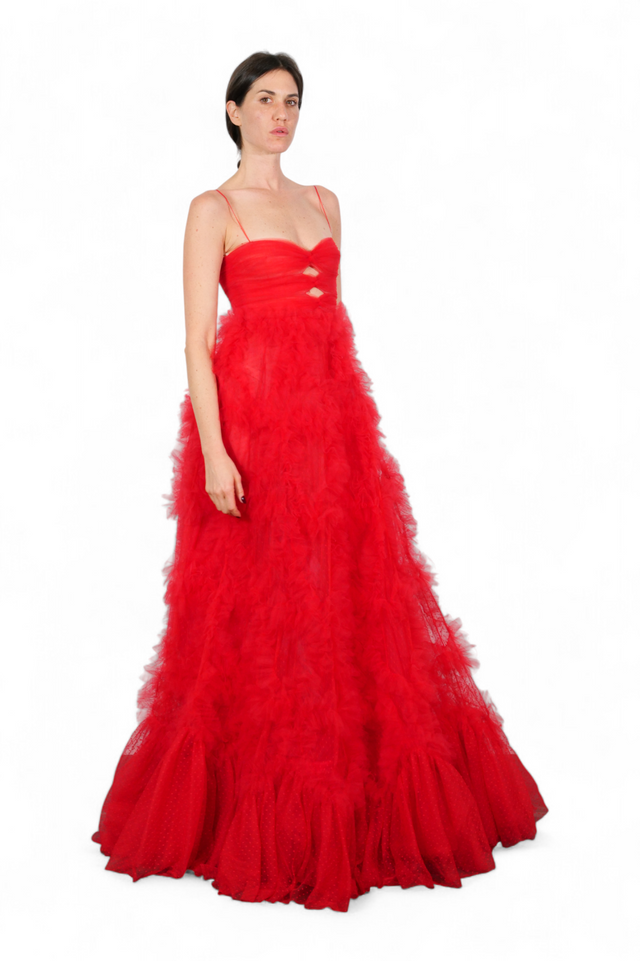 Valentino Strapless Red Tulle Gown — Cutout Bodice & Layered Skirt