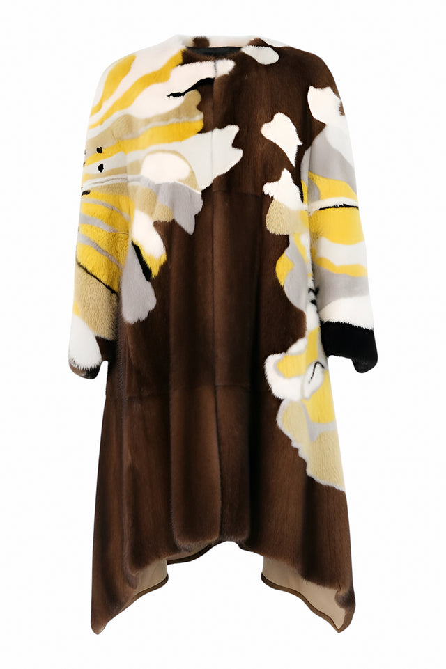 Valentino Brown Mink Coat with Yellow Floral Design