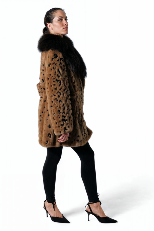 Valentino Sequin Embellished Fox Fur Coat with Black Fox Collar