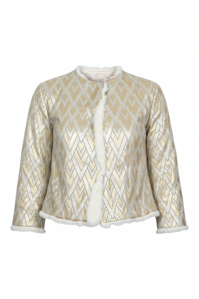 Valentino Platinum Metallic Jacquard Jacket with Shearling Trim