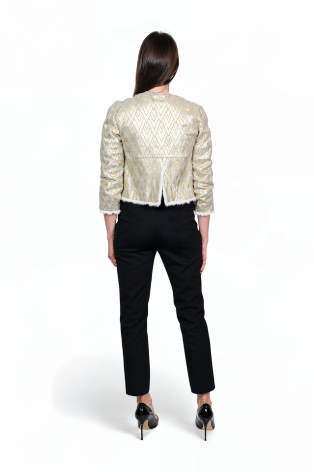 Valentino Platinum Metallic Jacquard Jacket with Shearling Trim