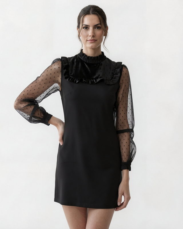 Red Valentino Sheer Polka Dot Sleeve Ruffle Mini Dress in Black