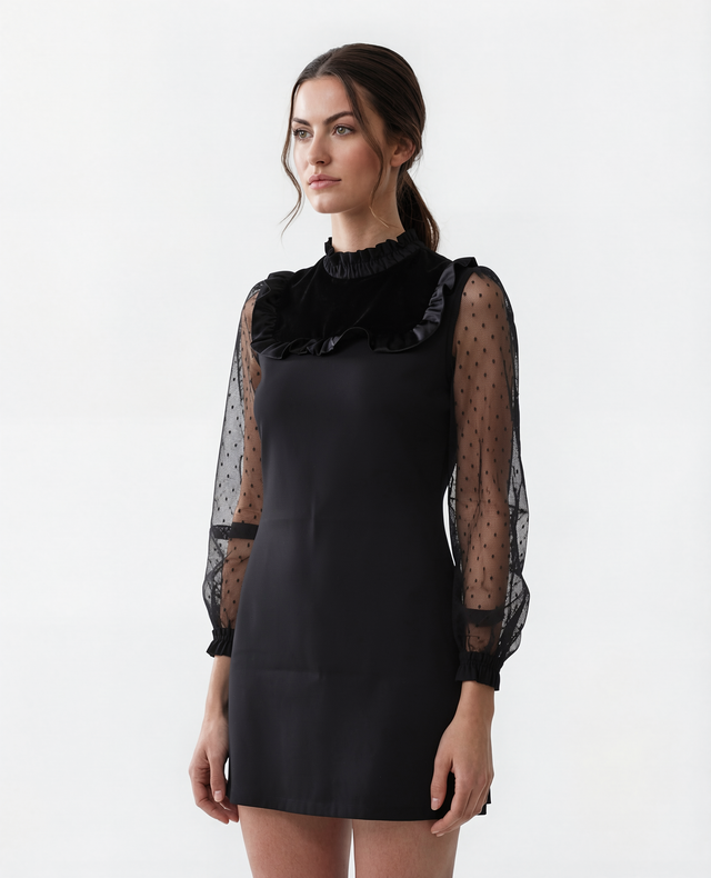 Red Valentino Sheer Polka Dot Sleeve Ruffle Mini Dress in Black
