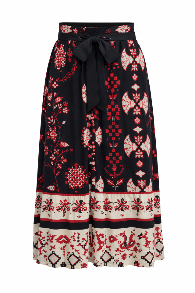 Red Valentino Printed Midi Skirt with Waist Tie in Black, Red & Ivory