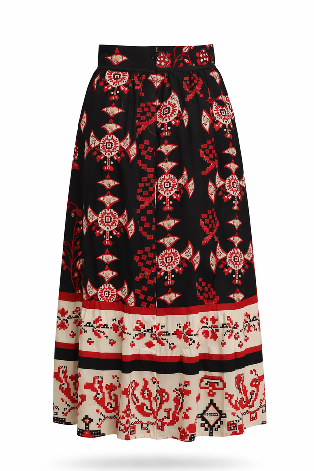 Red Valentino Printed Midi Skirt with Waist Tie in Black, Red & Ivory