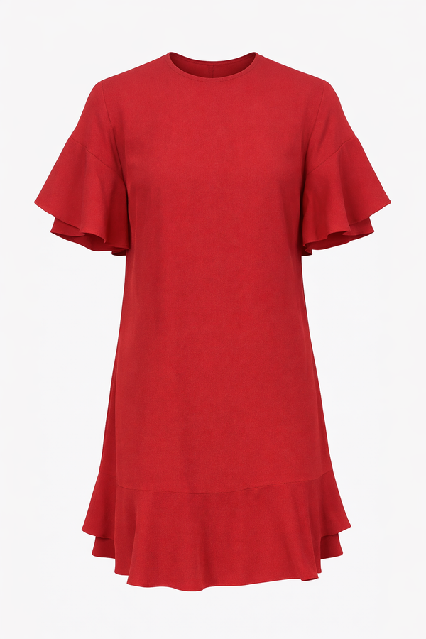 Red Valentino red mini dress with ruffle sleeve and hem detail.