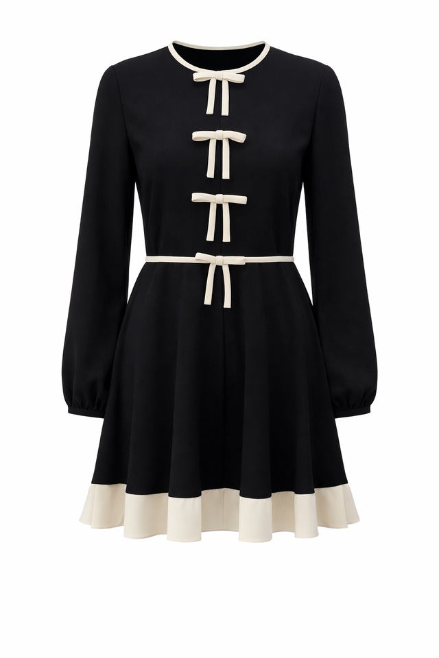 Red Valentino Bow Detail Mini Dress with Contrast Trim in Black & Ivory