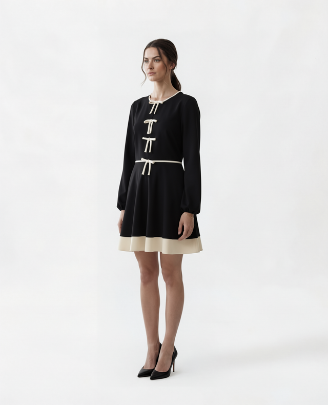 Red Valentino Bow Detail Mini Dress with Contrast Trim in Black & Ivory