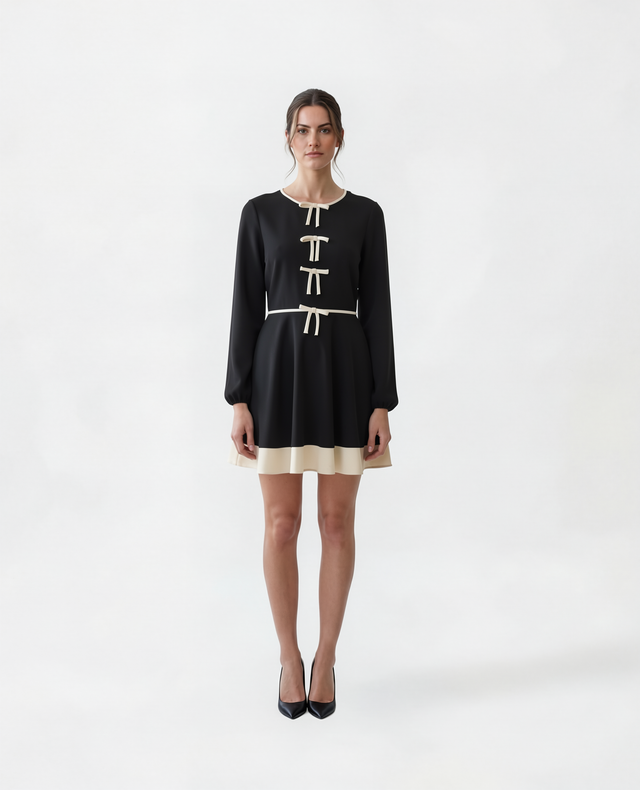 Red Valentino Bow Detail Mini Dress with Contrast Trim in Black & Ivory