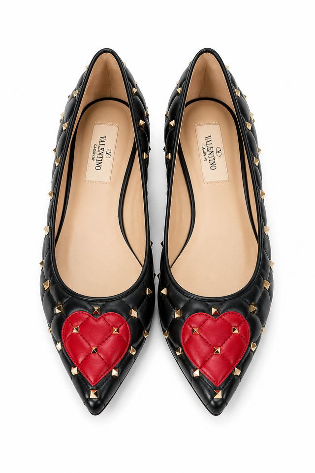 Valentino Garavani Rockstud Quilted Leather Ballet Flats with Heart Detail