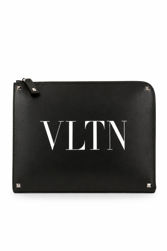 Valentino Garavani VLTN Leather Zip Pouch Clutch – Black