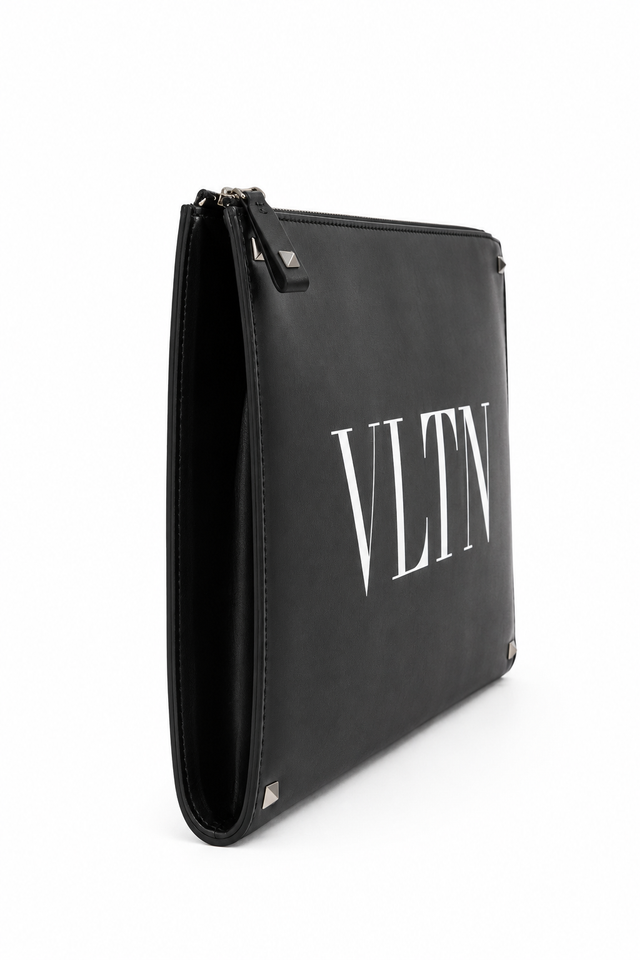 Valentino Garavani VLTN Leather Zip Pouch Clutch – Black