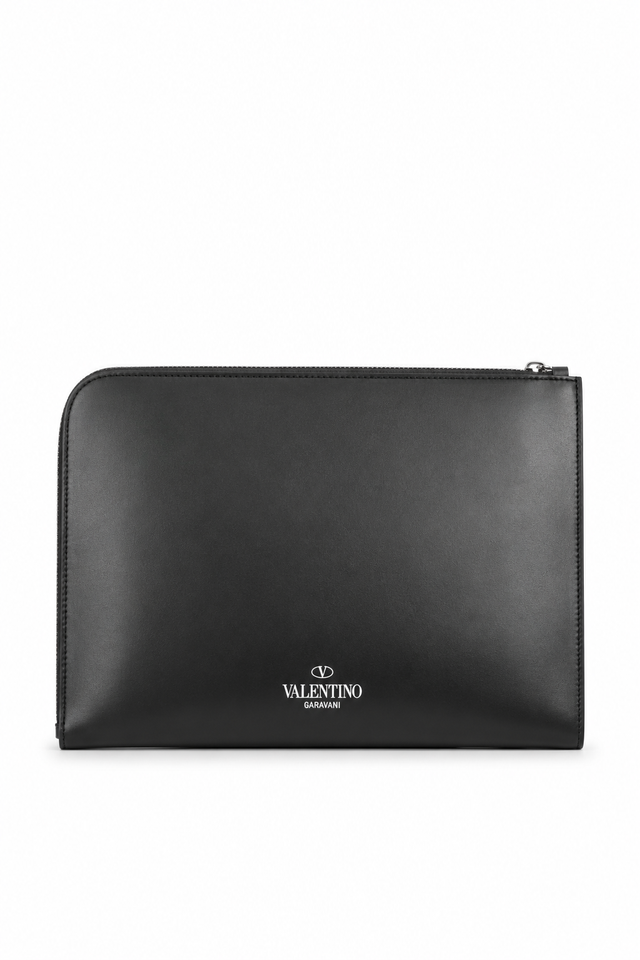 Valentino Garavani VLTN Leather Zip Pouch Clutch – Black