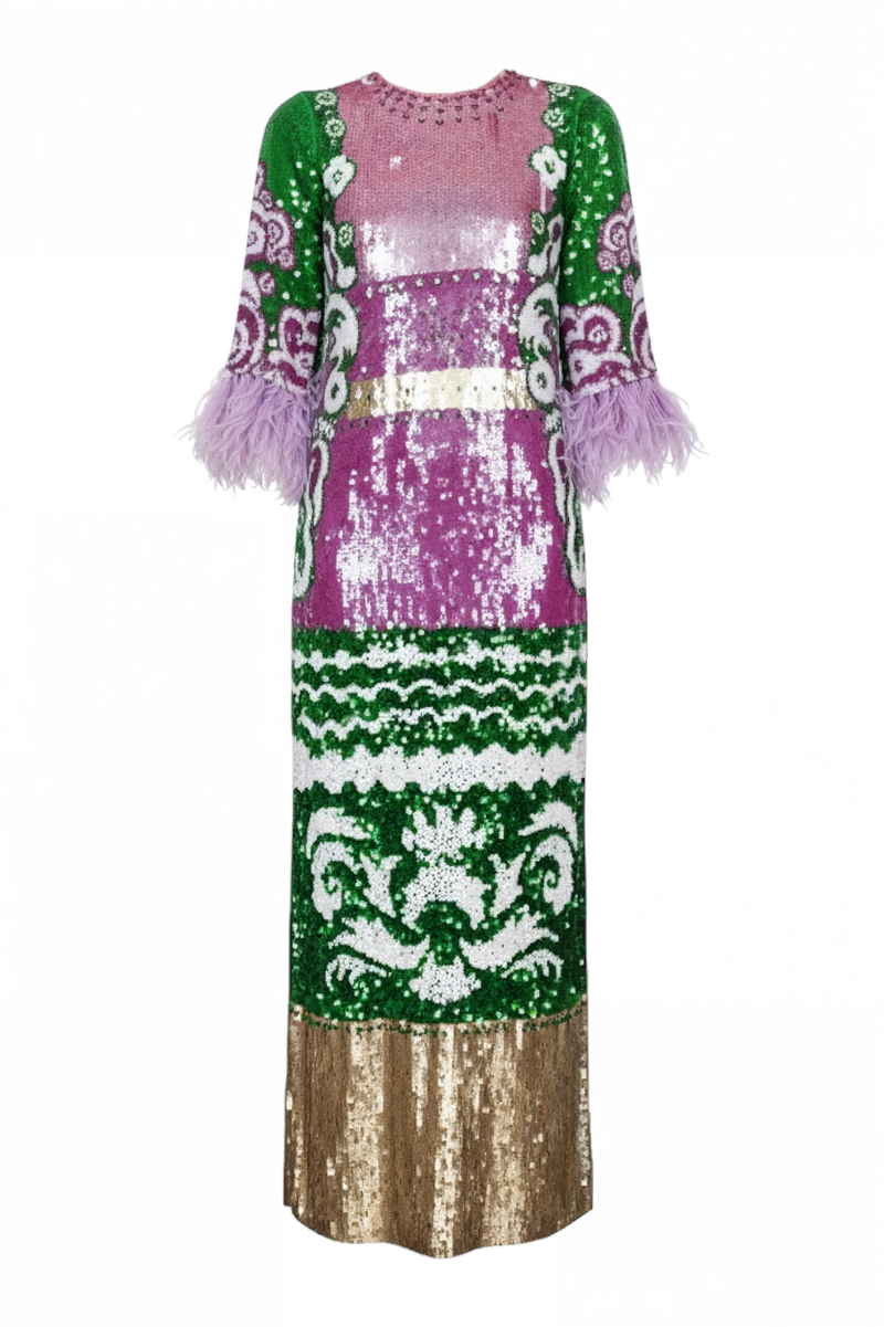 Valentino Multicolor Sequin Gown with Feather Sleeves