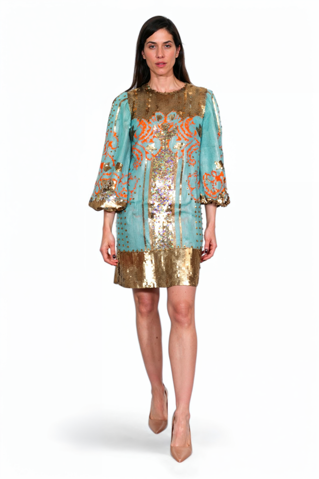 Valentino Turquoise and Gold Sequin Embroidered Mini Dress