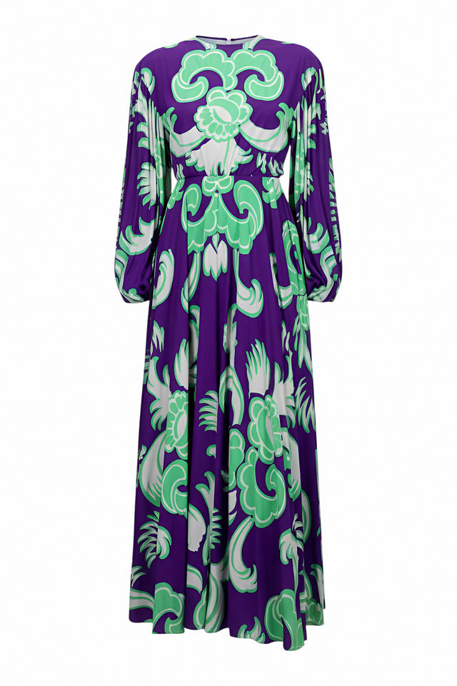 Valentino Purple Baroque Print Pleated Midi Dress