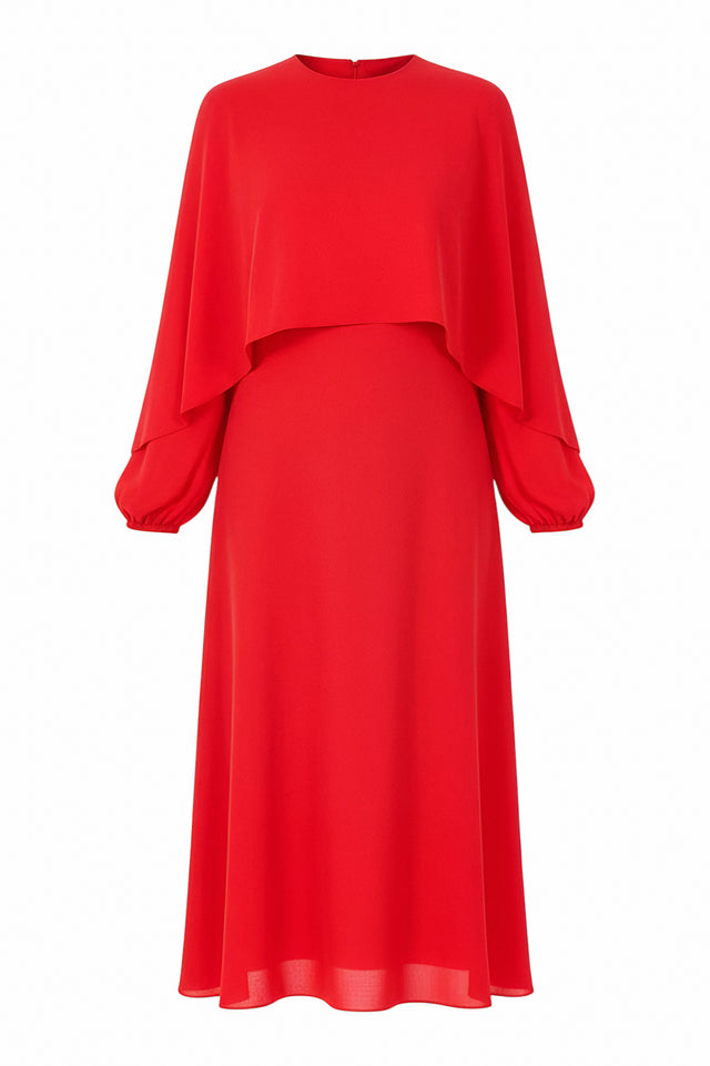 Valentino Red Draped Midi Dress with Cape Overlay