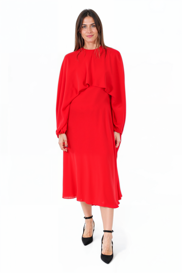 Valentino Red Draped Midi Dress with Cape Overlay