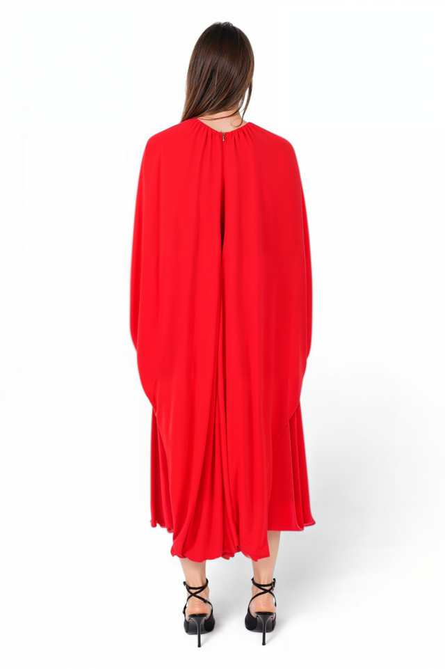 Valentino Red Draped Midi Dress with Cape Overlay