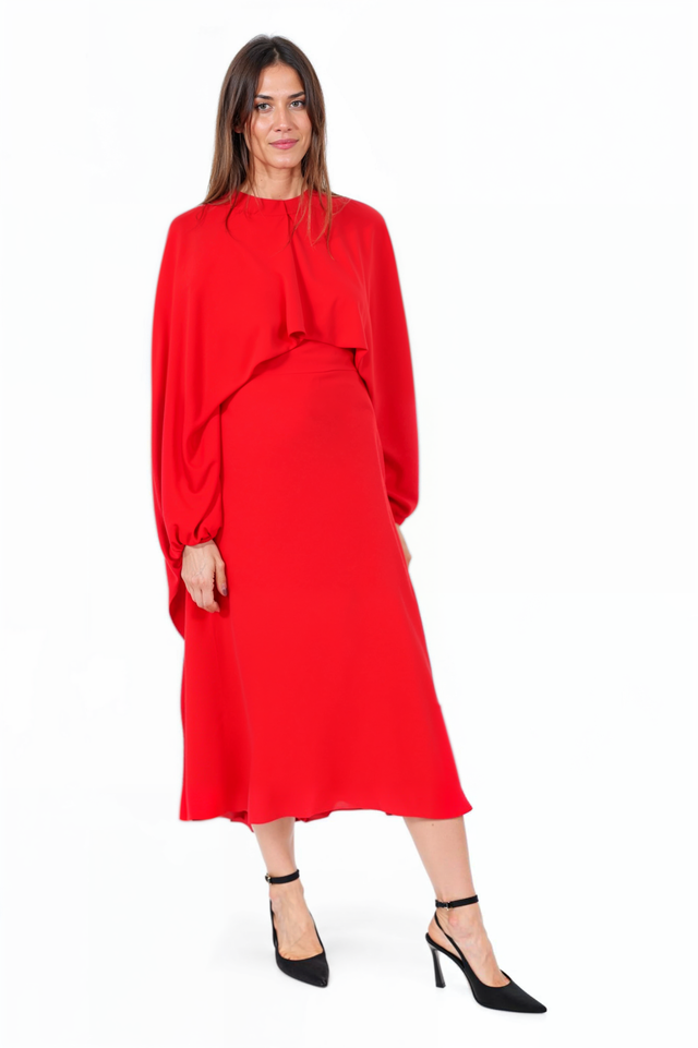 Valentino Red Draped Midi Dress with Cape Overlay