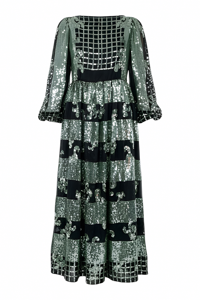 Valentino Sequin Block Pattern Gown - Metallic Green and Black