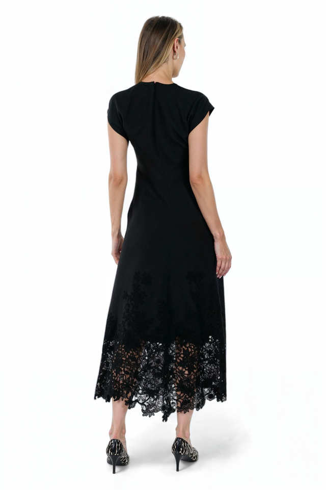 Valentino Black Midi Dress with Floral Lace Hem