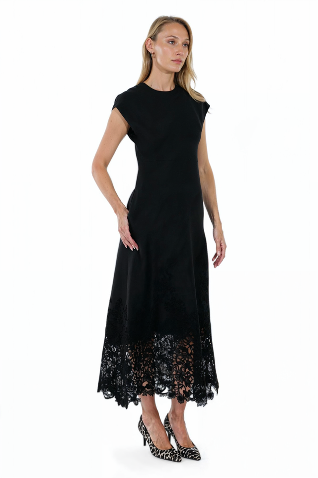 Valentino Black Midi Dress with Floral Lace Hem