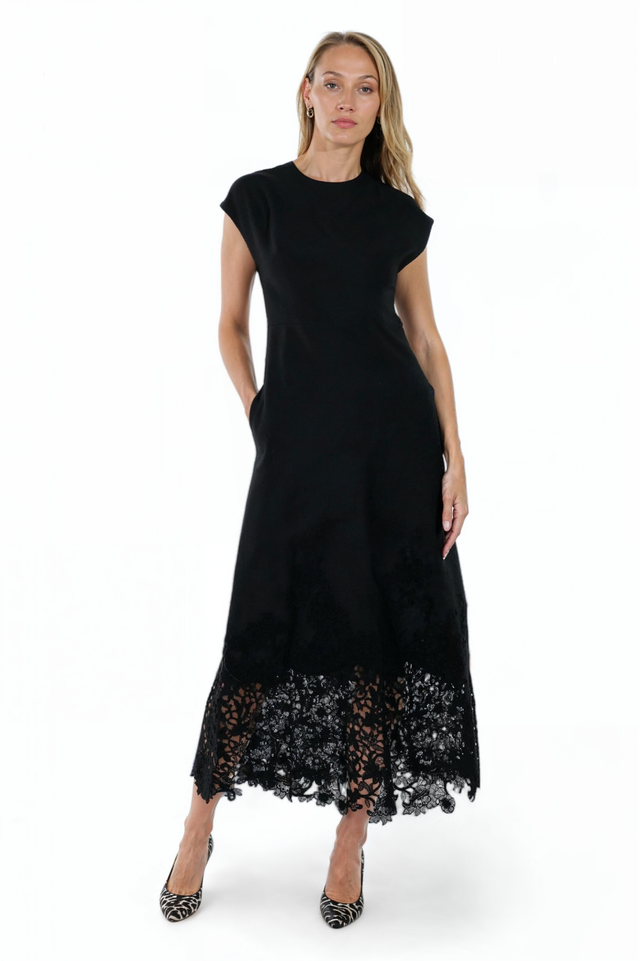 Valentino Black Midi Dress with Floral Lace Hem