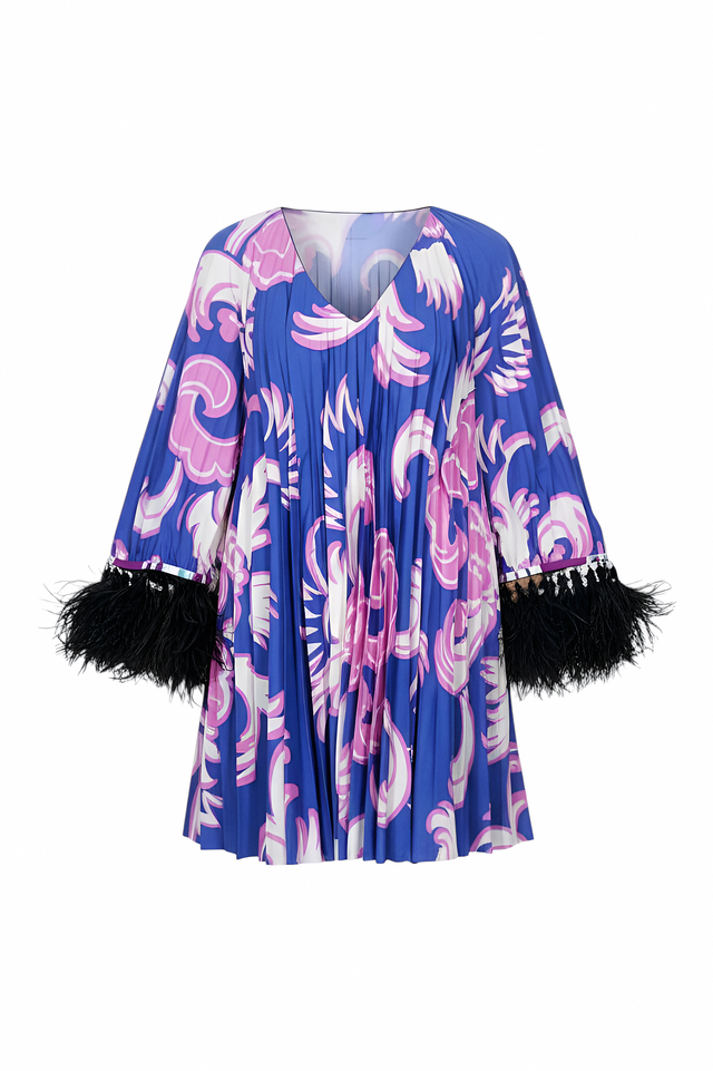 Valentino Printed Caftan Dress with Feather Trim