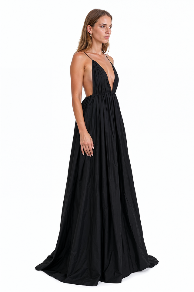 Valentino black silk faille evening gown with plunging deep V-neckline, spaghetti straps, open back and full floor-length skirt