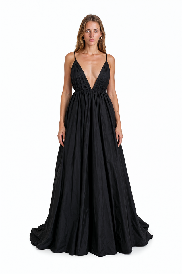 Valentino black silk faille evening gown with plunging deep V-neckline, spaghetti straps, open back and full floor-length skirt
